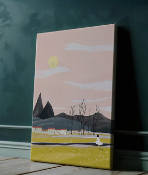 Serene landscape with mountains, village, and a girl under a pink sky