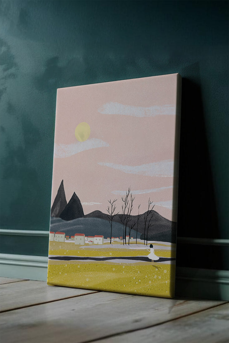 Serene landscape with mountains, village, and a girl under a pink sky