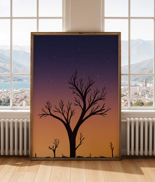 Silhouette Of Tree Against Stunning Sunset Sky With Stars