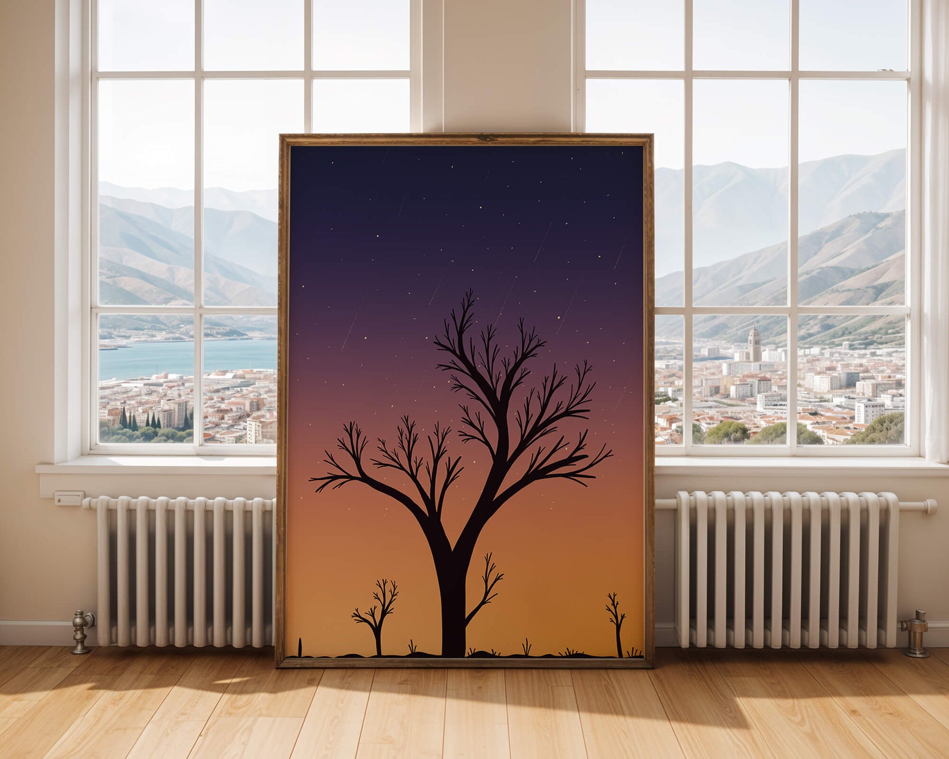 Silhouette Of Tree Against Stunning Sunset Sky With Stars