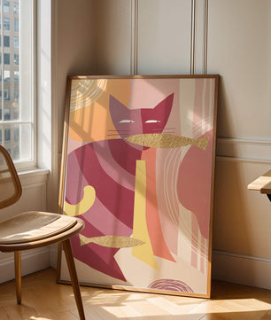 Abstract cat artwork with gold accents and colorful patterns