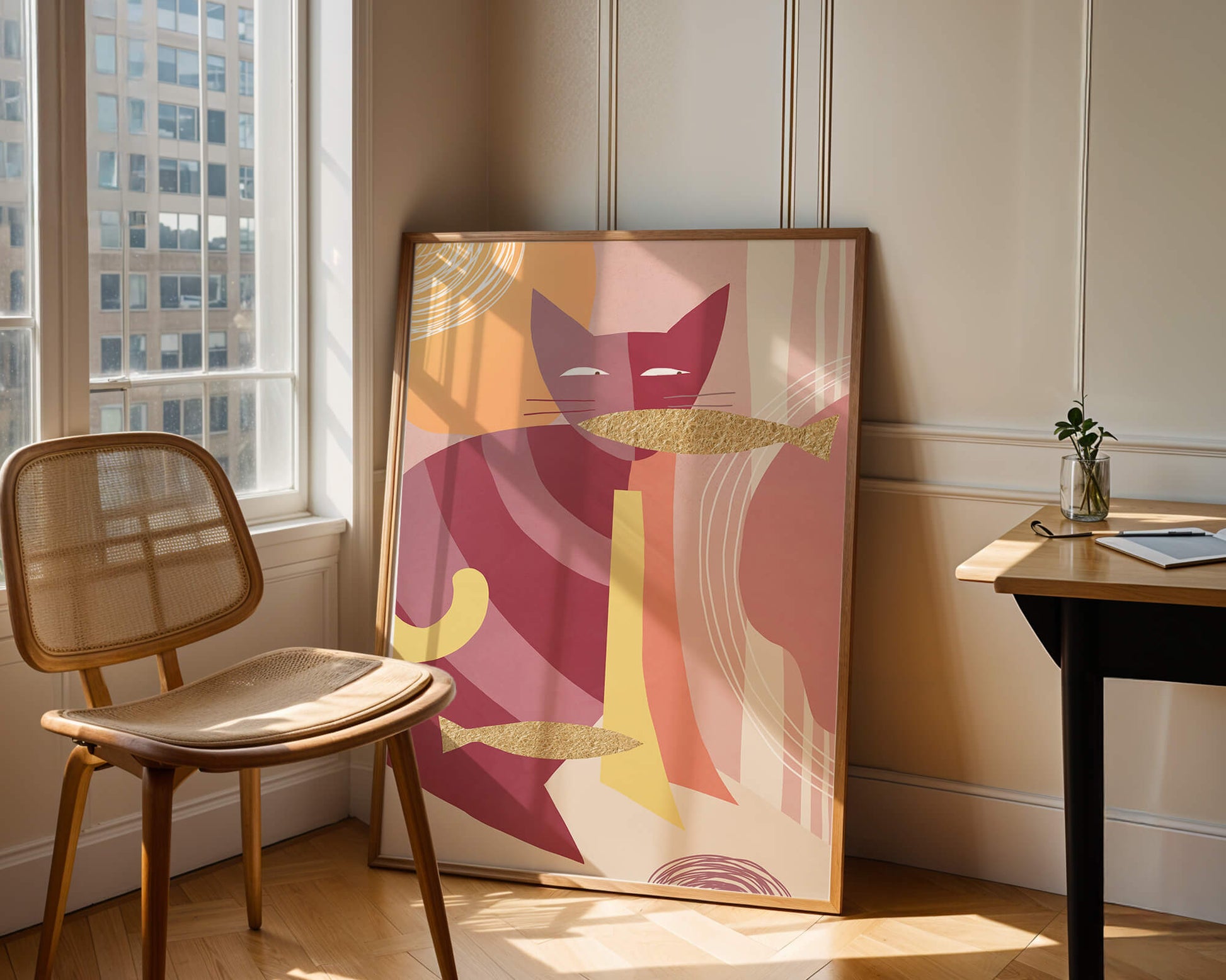 Abstract cat artwork with gold accents and colorful patterns