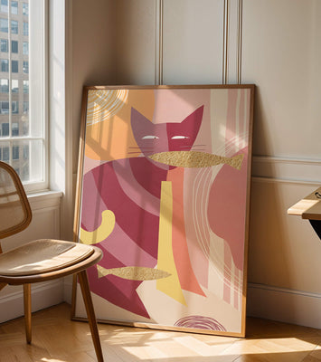 Abstract cat artwork with gold accents and colorful patterns