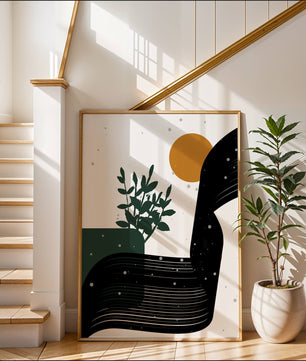 L'œuvre d'art abstraite de la nature avec une silhouette de plante et des formes géométriques