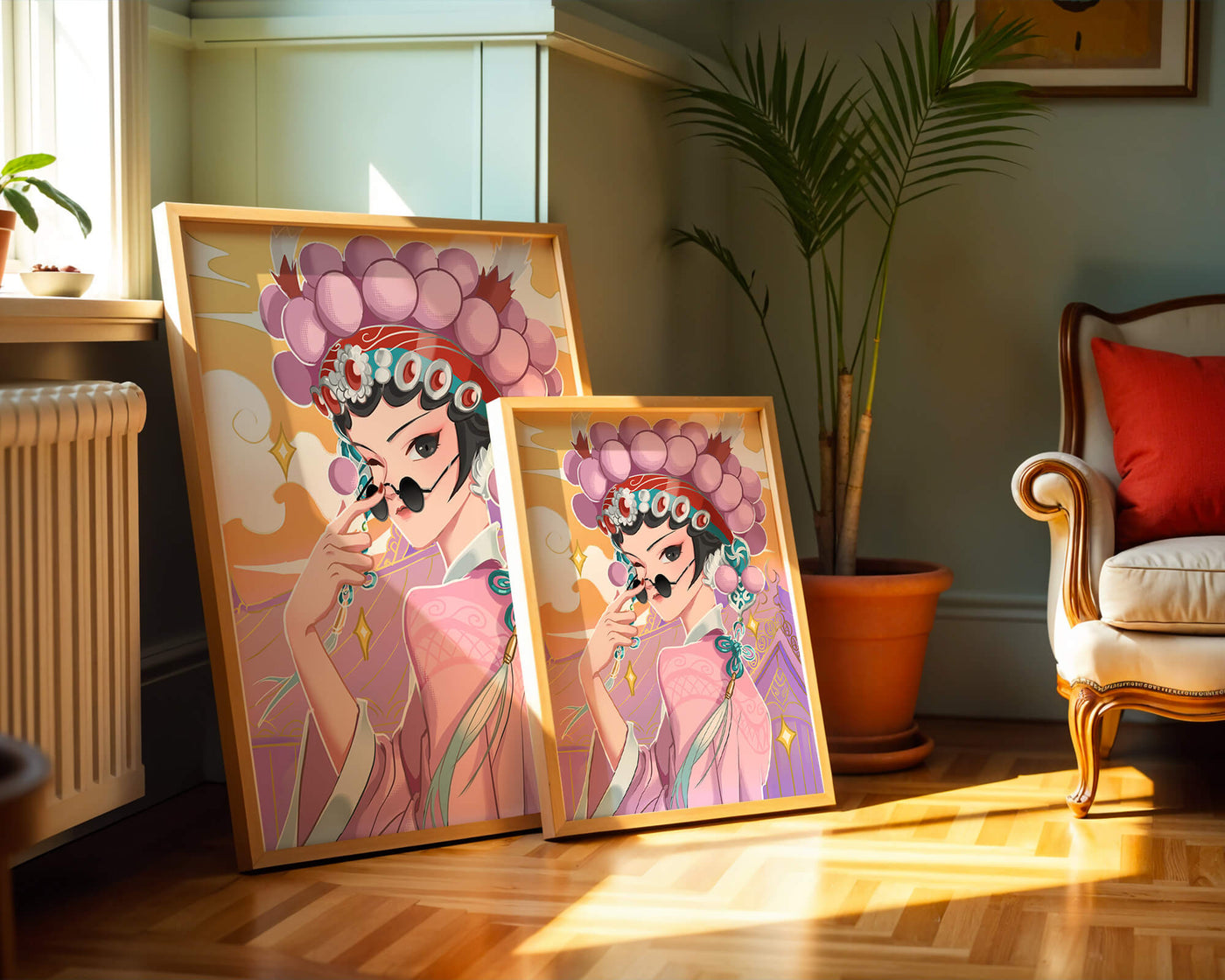 Elegant anime character in traditional attire with golden accents