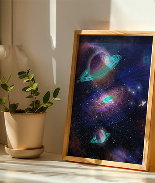 Colorful space illustration with planets and galaxy