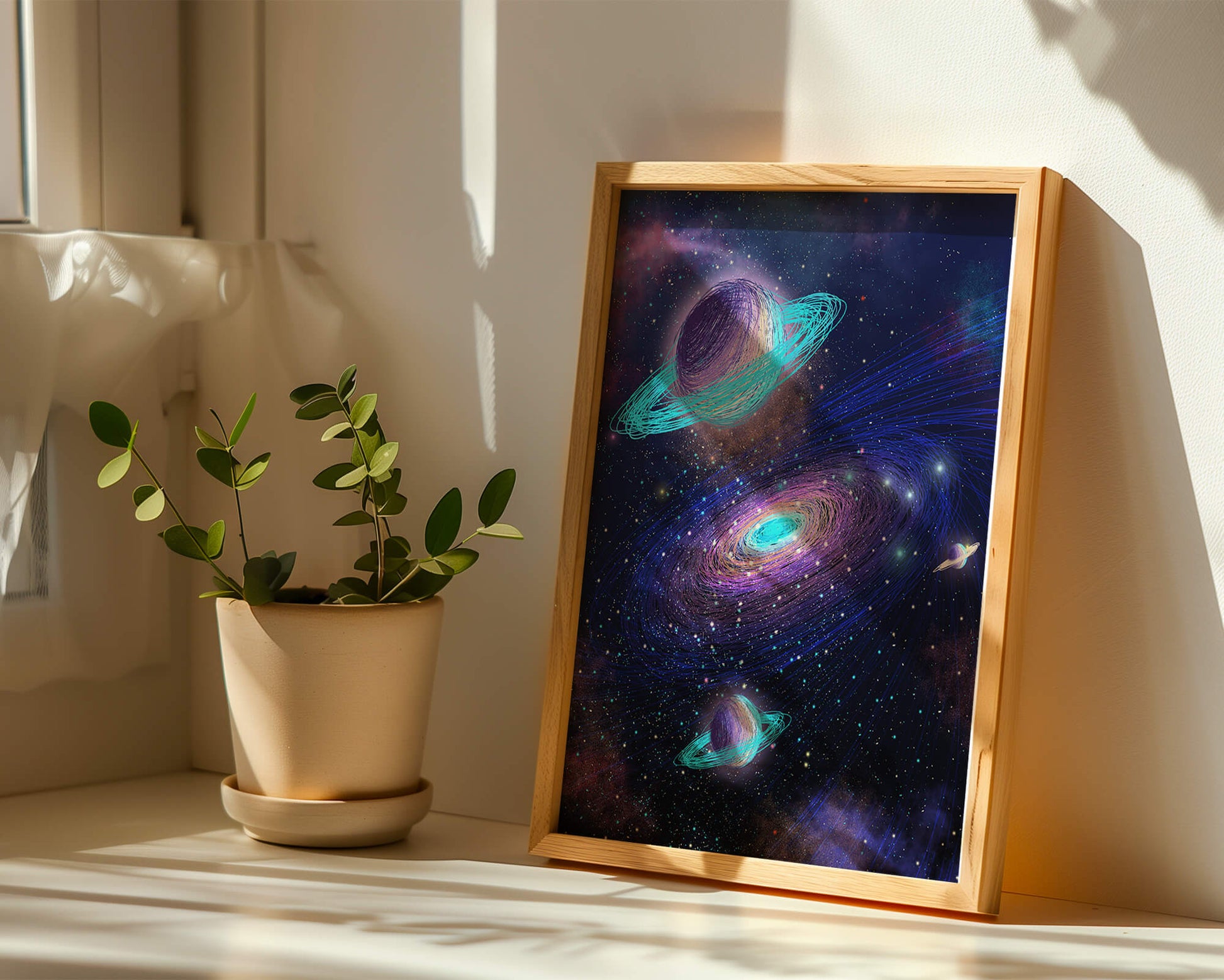 Colorful space illustration with planets and galaxy