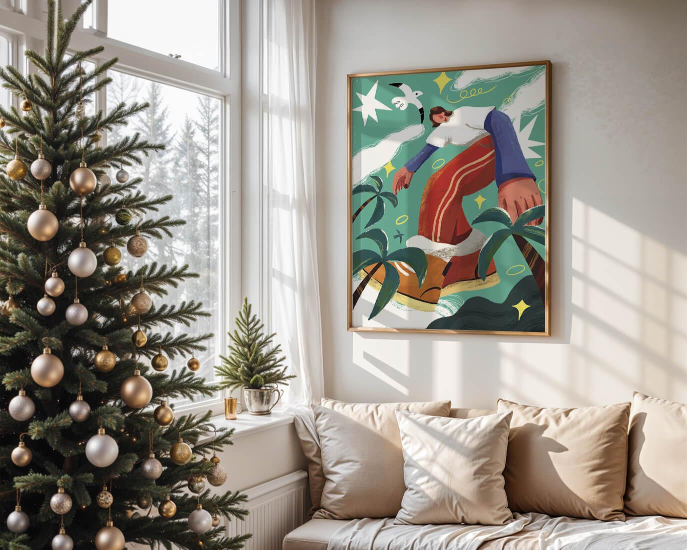 Colorful Abstract Surreal Landscape with Giant Figure and Nature Elements