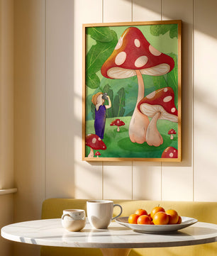 Playful illustration of a child with oversized mushrooms in a whimsical forest setting