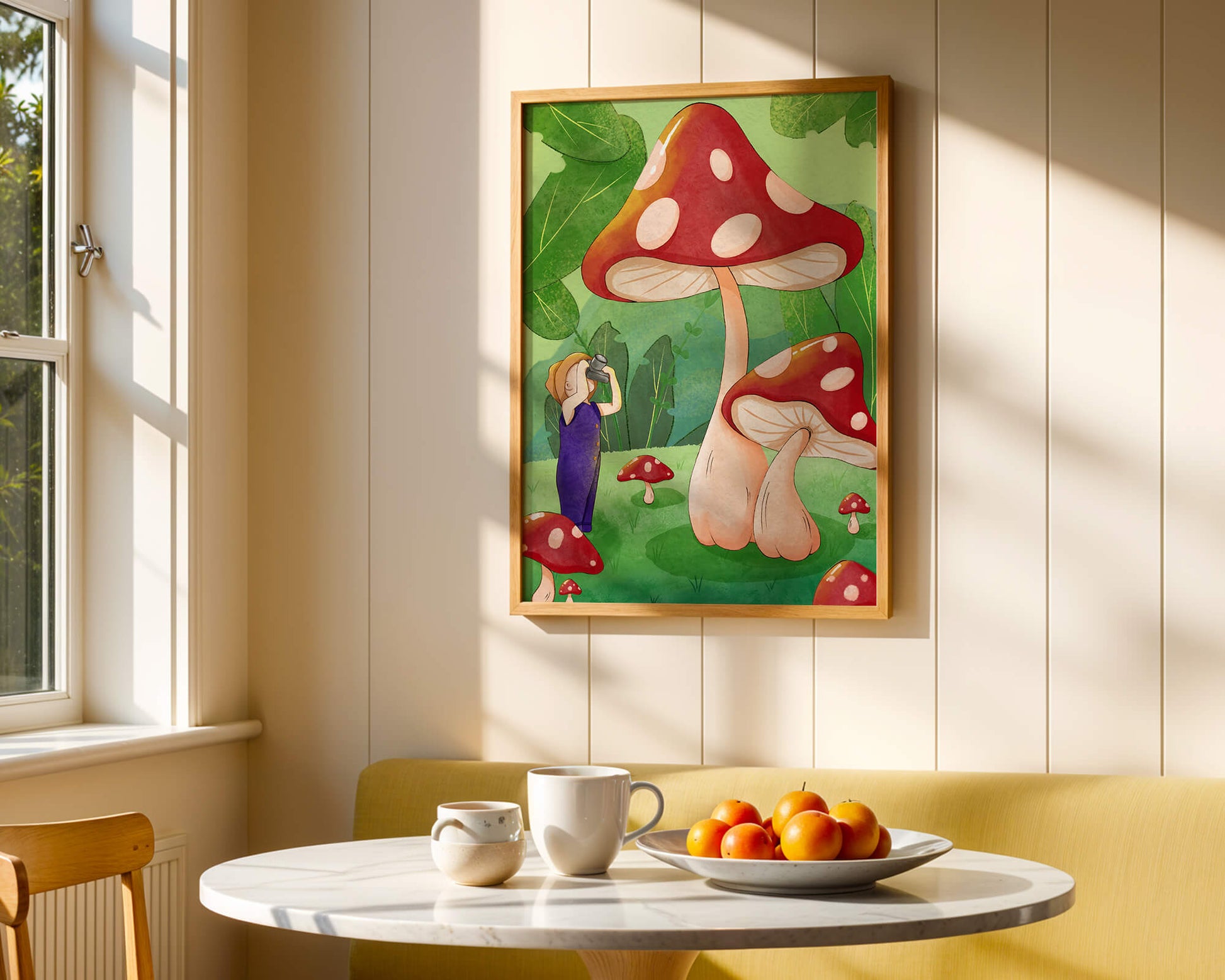 Playful illustration of a child with oversized mushrooms in a whimsical forest setting