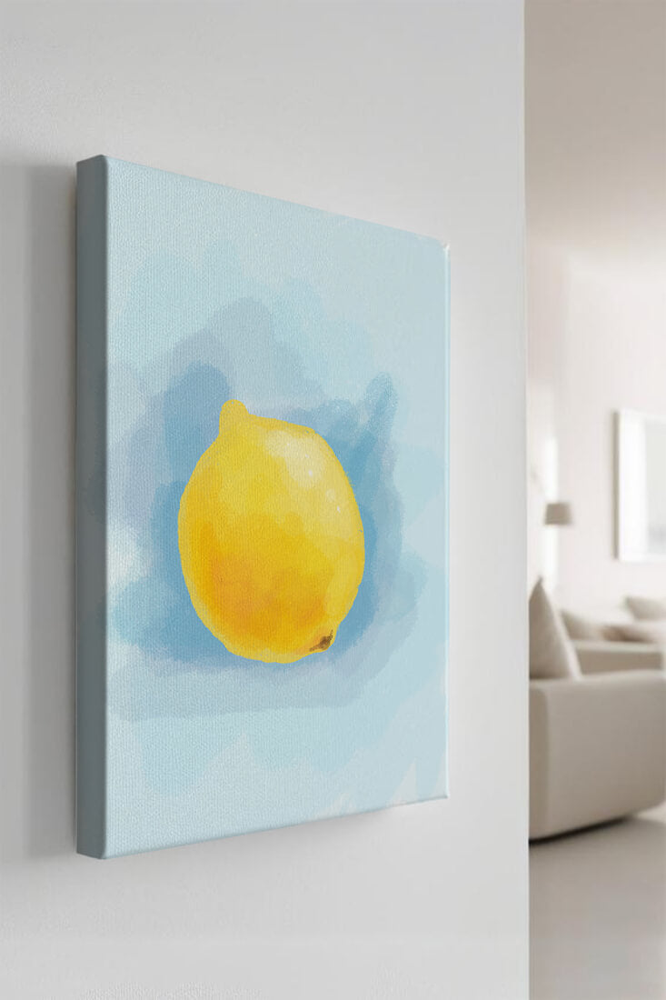 Watercolor artwork of a lemon on a blue background