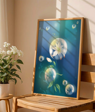 Zarte Blume in transparenten Blasen auf einem verträumten blauen Hintergrund
