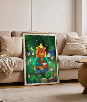 Charming bear in a colorful garden with flowers and fireflies