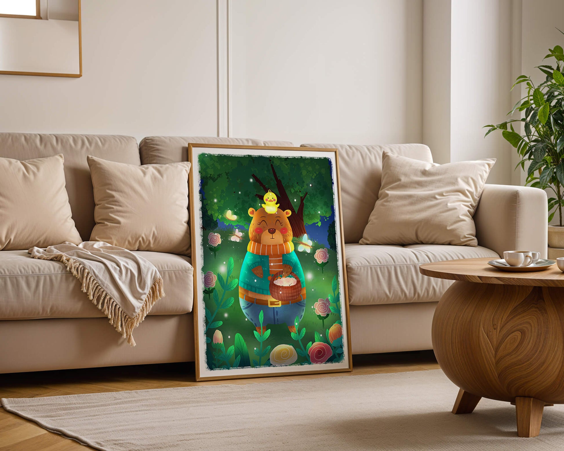 Charming bear in a colorful garden with flowers and fireflies