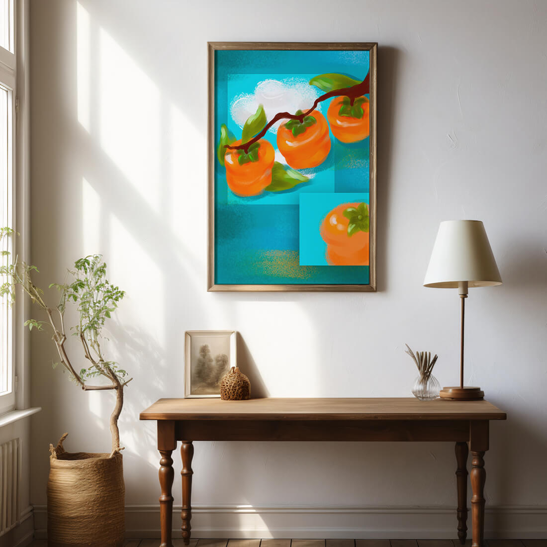 Vibrant persimmons on a branch with a blue background