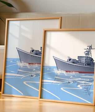 Illustrative depiction of a warship sailing on calm waters