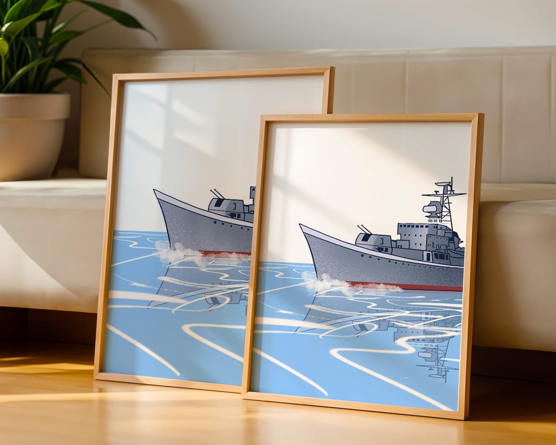 Illustrative depiction of a warship sailing on calm waters