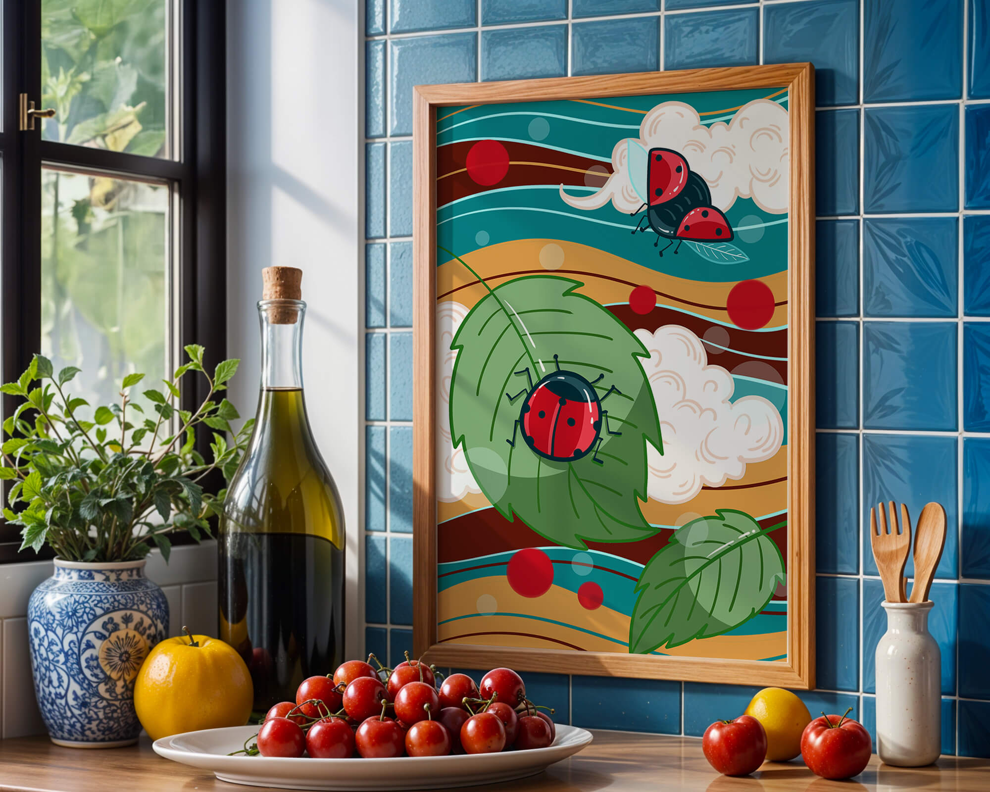 Colorful illustration of ladybugs in a whimsical natural setting