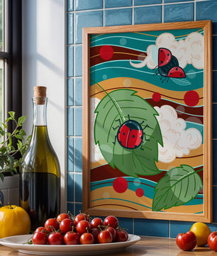 Ilustración colorida de mariquitas en un entorno natural caprichoso