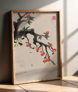 Asian ink painting featuring cherry blossoms on a textured background