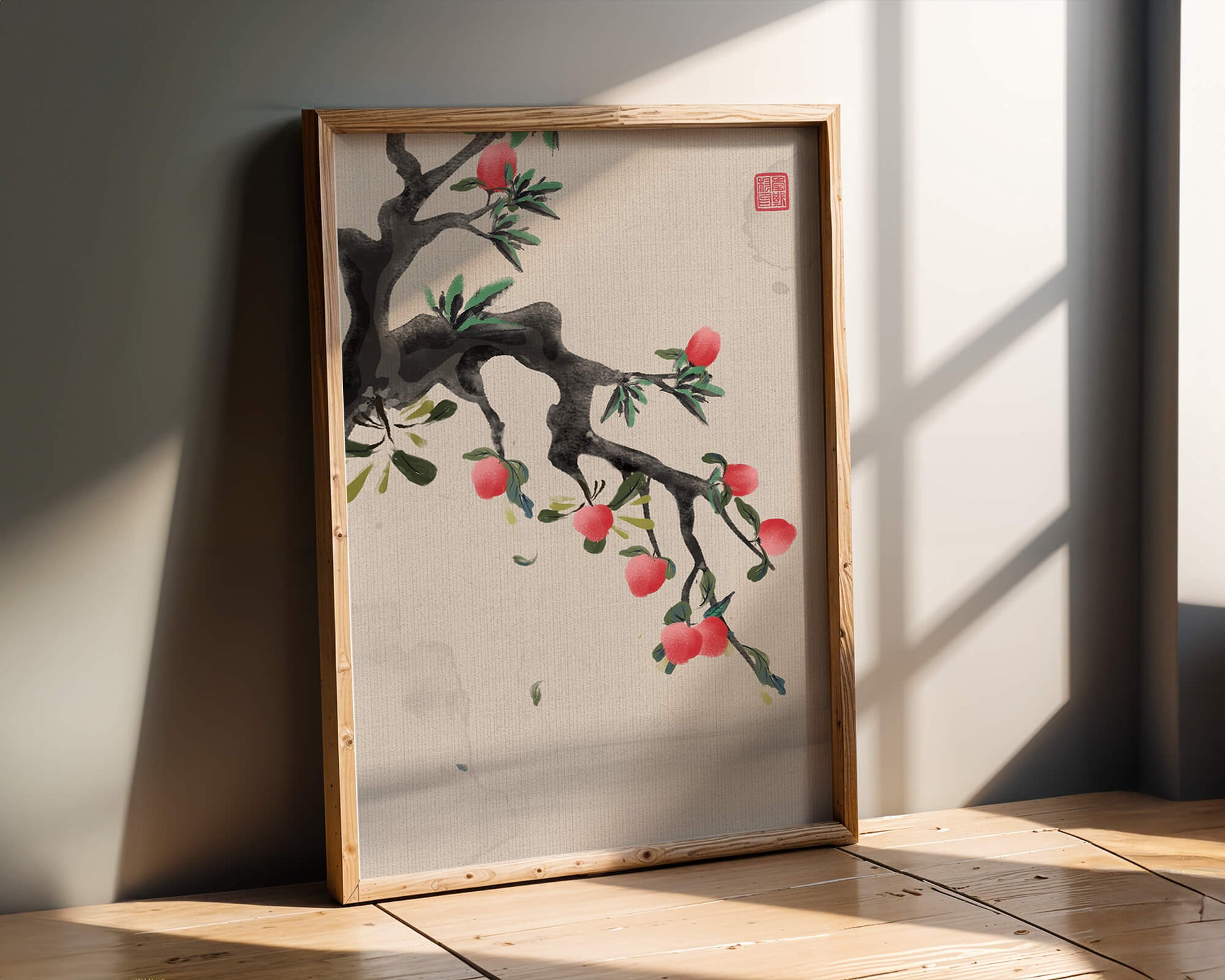 Asian ink painting featuring cherry blossoms on a textured background