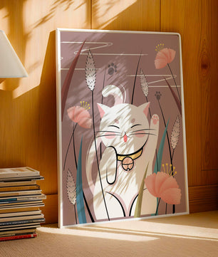 Ilustración de un gato maneki-neko en un entorno de jardín floral