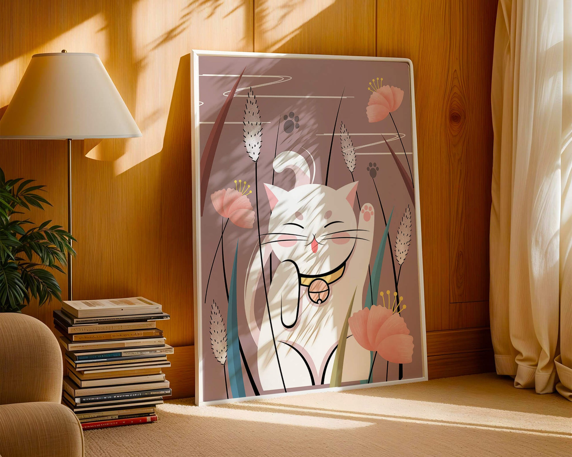 Illustration of a maneki-neko cat in a floral garden setting