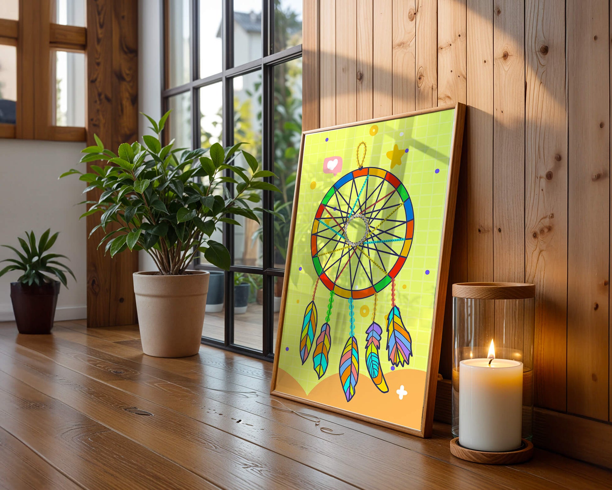 Colorful dreamcatcher on a vibrant yellow background