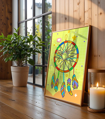 Colorful dreamcatcher on a vibrant yellow background