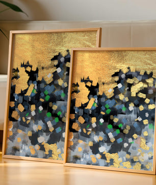 Arte abstracto con dorado y pinceladas coloridas