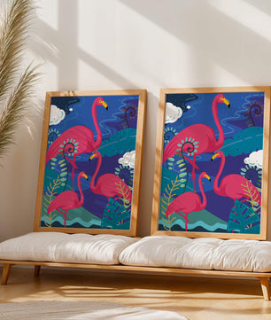 Colorful illustration of flamingos in a tropical setting