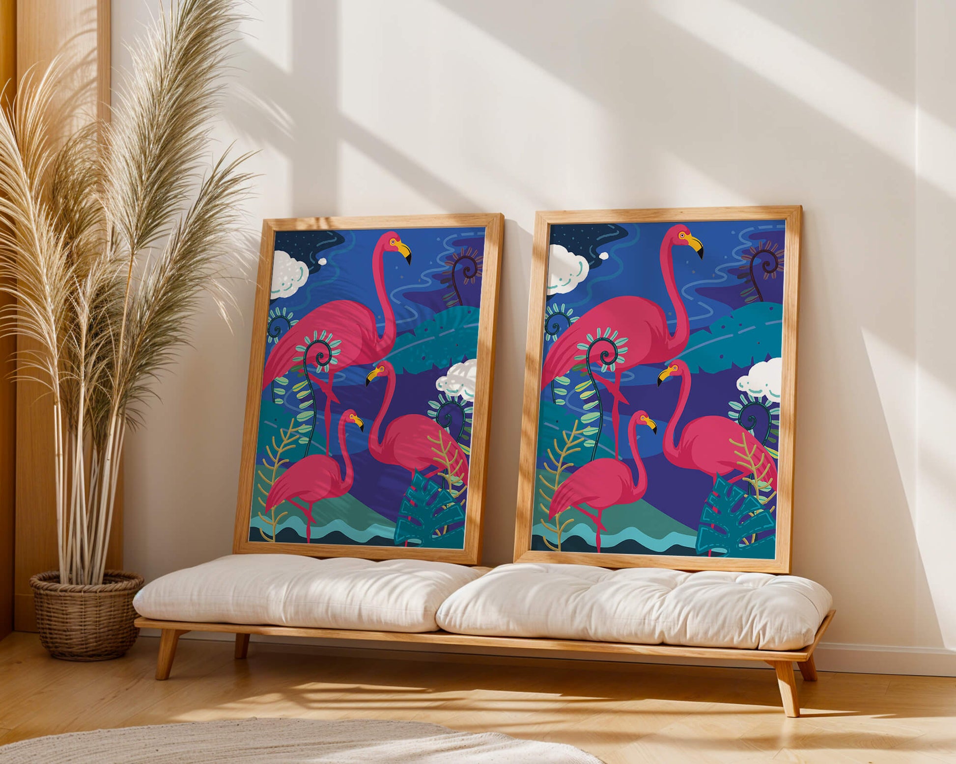 Colorful illustration of flamingos in a tropical setting