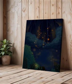 Enchanted night forest with glowing fireflies and dense foliage