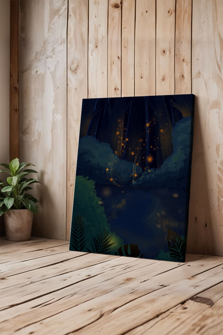 Enchanted night forest with glowing fireflies and dense foliage