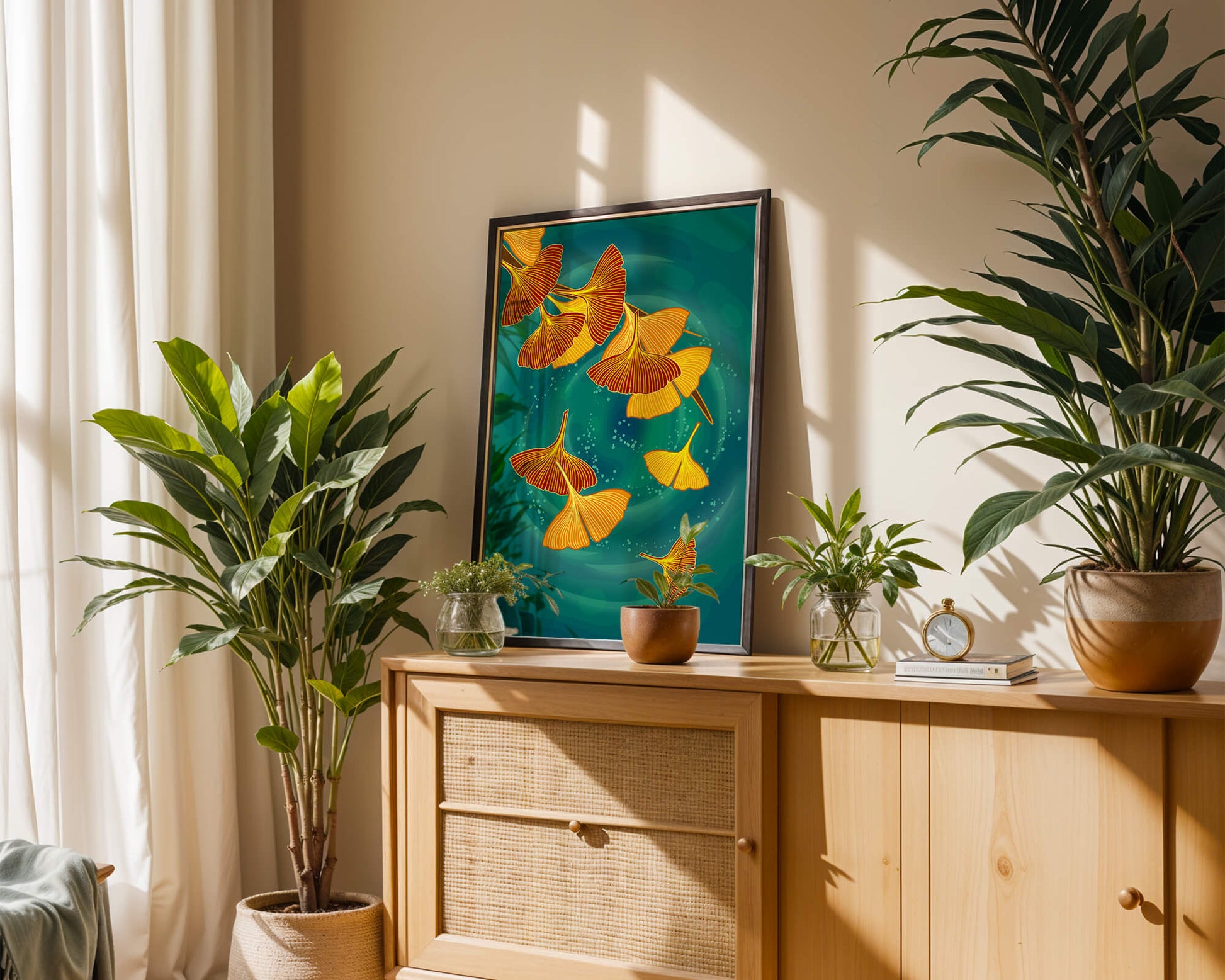 Stylized Ginkgo Leaves Floating on a Turquoise Background