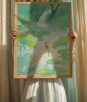 Serene pond scene with lotus leaves and waterfall