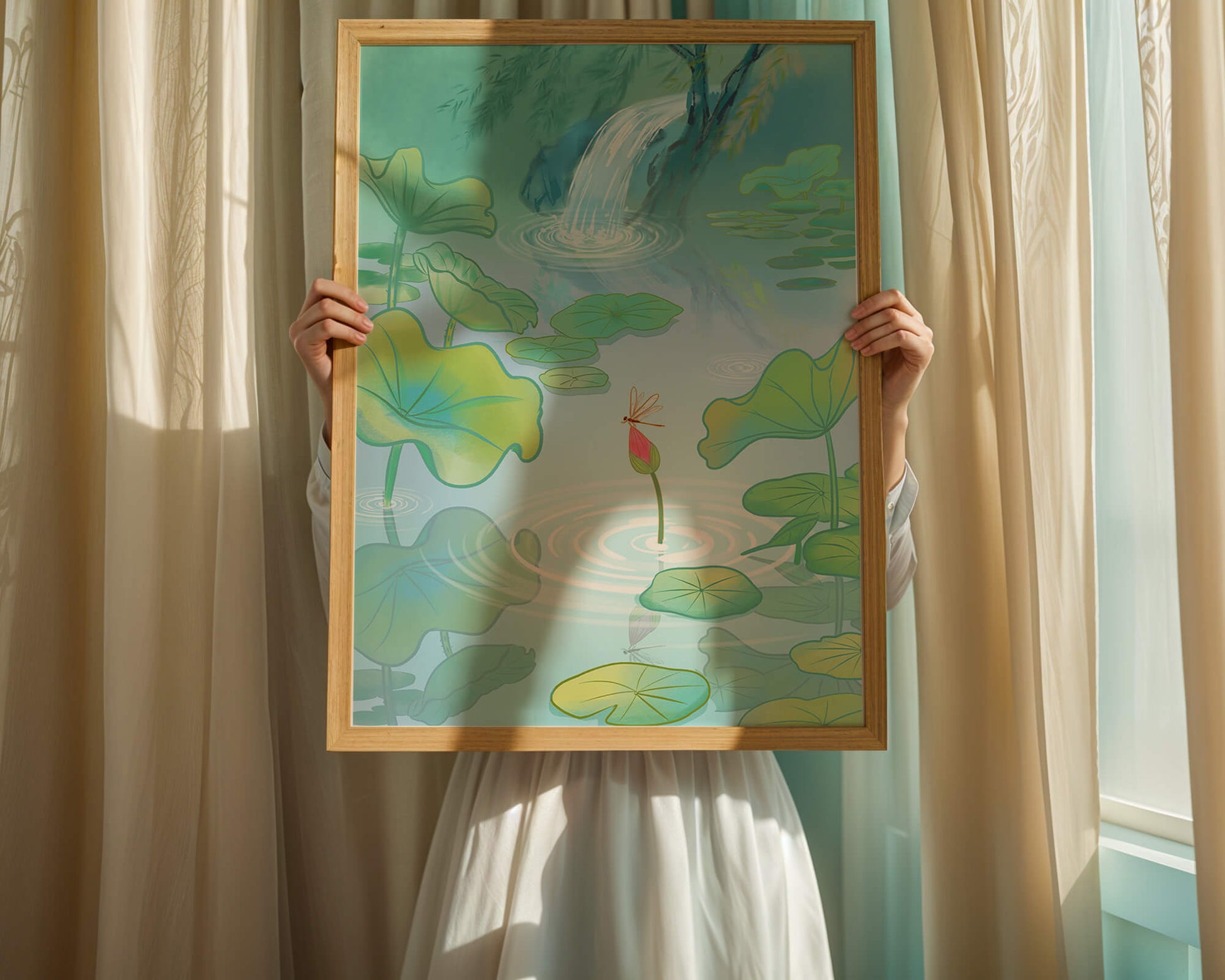 Serene pond scene with lotus leaves and waterfall