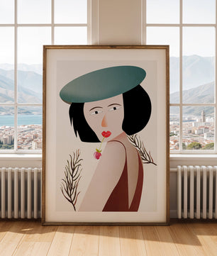 Mujer con sombrero azul y flor en estilo arte moderno