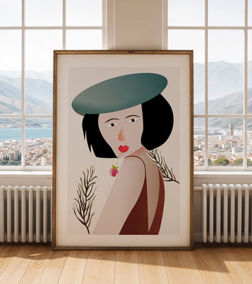 Woman with Blue Hat and Flower in Modern Art Style