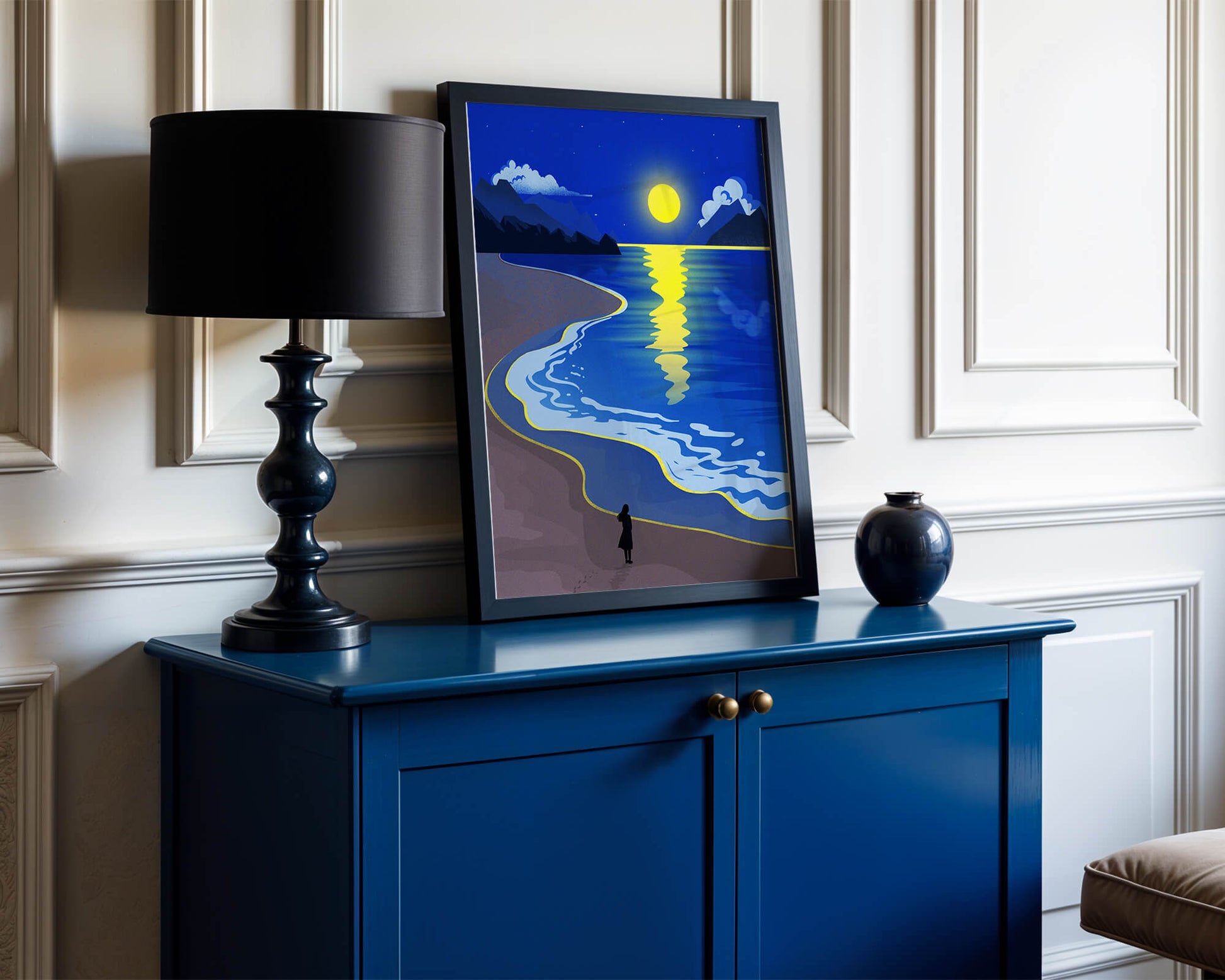Moonlit Beach with Mountains and Reflections Under Night Sky