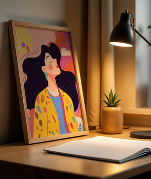 Ilustración colorida de una mujer en estilo artístico con fondo vibrante