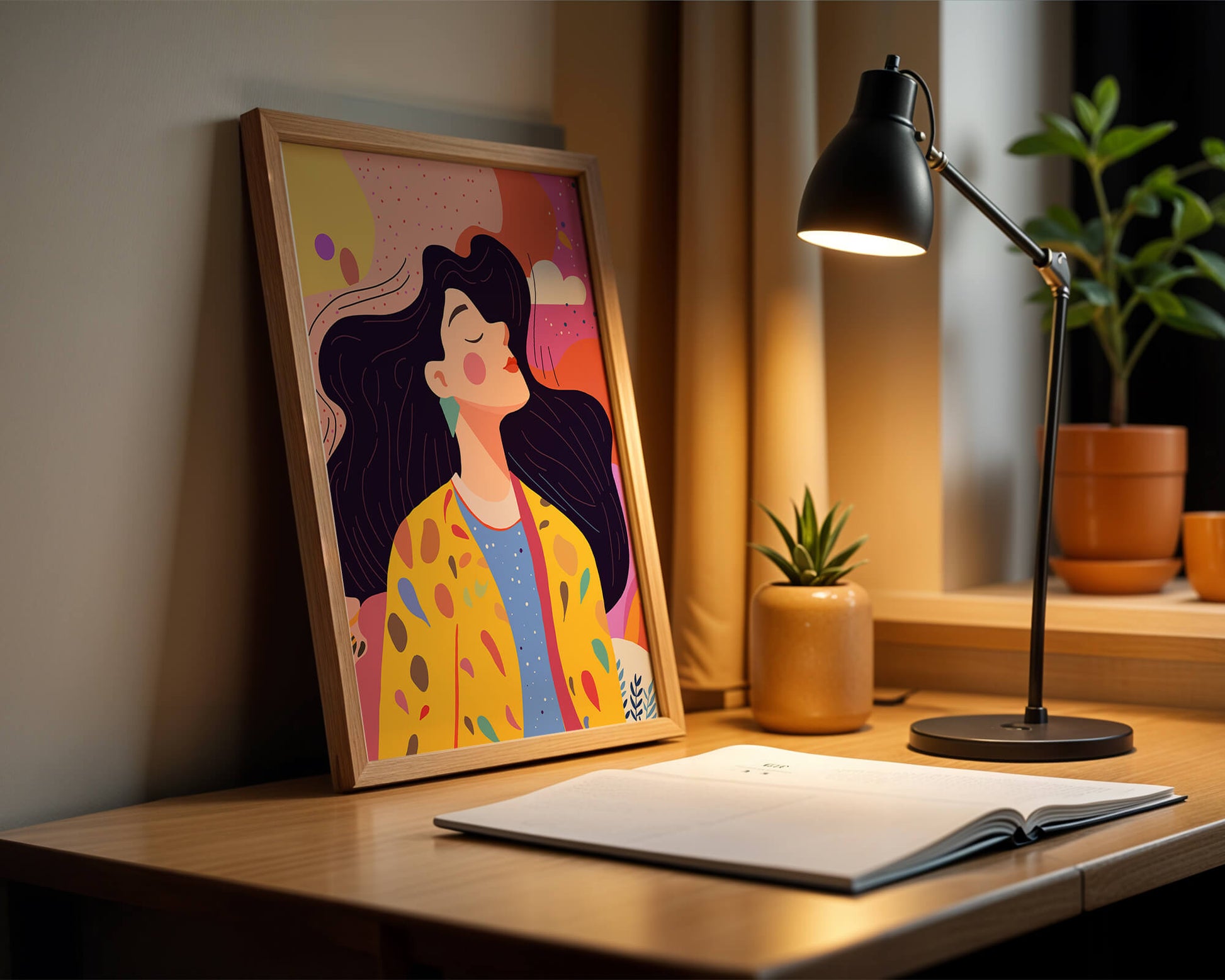 Ilustración colorida de una mujer en estilo artístico con fondo vibrante