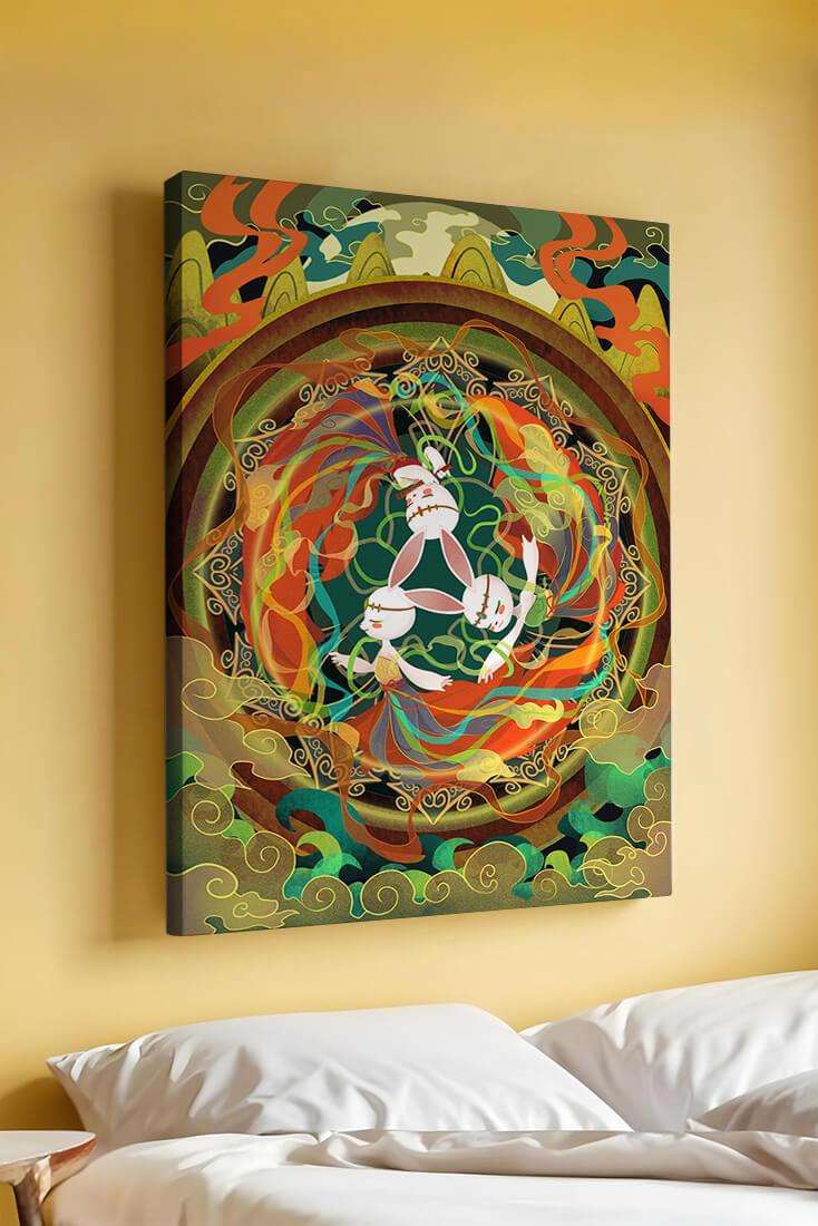 Whimsical fantasy illustration with mystical bunnies