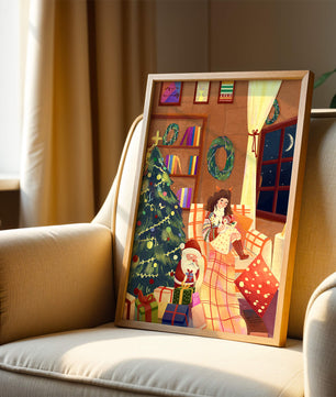 Cozy Christmas scene with tree, gifts, and a child by the window