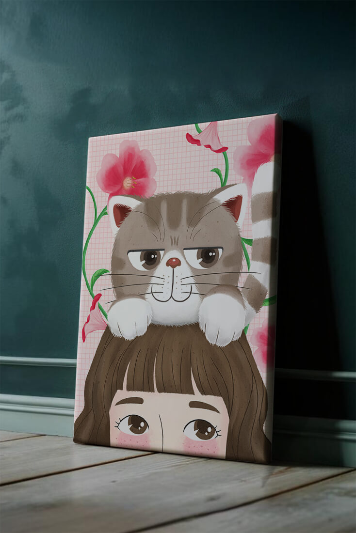 Illustration of a cat sitting on a person's head with pink flowers
