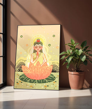 Heitere Illustration einer meditativen Figur auf einem Lotus mit himmlischem Hintergrund