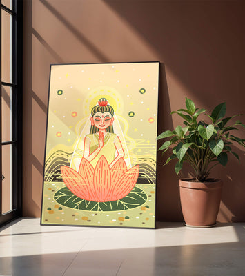 Serene illustration of meditative figure on a lotus with celestial background