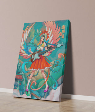 Fusión colorida de arte tradicional y moderno con un músico como protagonista