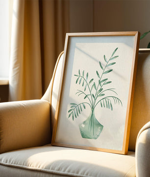 Illustration minimaliste à l’aquarelle de feuilles vertes dans un vase en verre