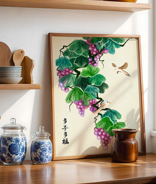 Watercolor grapevine and birds illustration with traditional art style